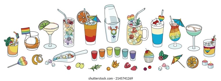 Bar cocktails, shaker and snacks collection set in rainbow LGBT colors. For gay bar diversity pride party invitations, cards or stickers. Doodle cartoon style illustration.