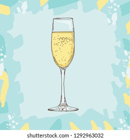 Bar coctail classic in hand drawn style. Isolated. Hand drawn glass with bubbly champagne, cheers, celebration toast