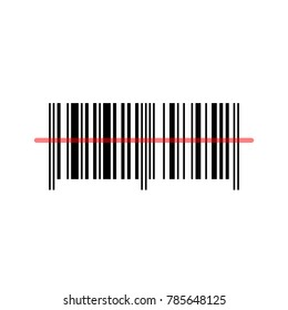 Bar code, black and white icon with red laser light, vector illustration.