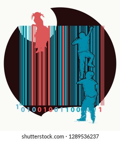 Bar code. Children climb over fence. Symbol of freedom and slavery, consumer society, globalization, future of mankind, digital world, big brother 