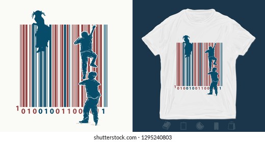 Bar code. Children climb over fence. Print for t-shirts and another, trendy apparel design. ymbol of freedom and slavery, consumer society globalization, future of mankind, digital world, big brother