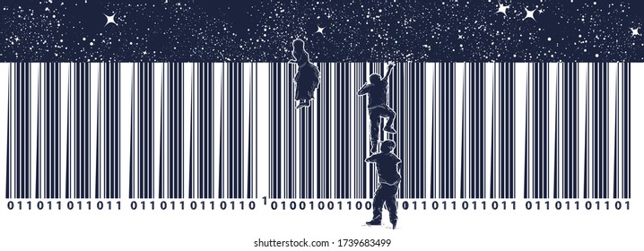 Bar Code. Children Climb Over Fence. Symbol Of Freedom And Slavery, Consumer Society, Globalization, Future Of Mankind, Digital World, Big Brother. Black And White Surreal Graphic 