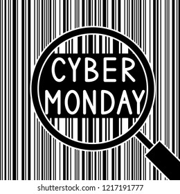 Bar code and Cyber Monday through the magnifying glass. Zoom. Sale background. Vector illustration.