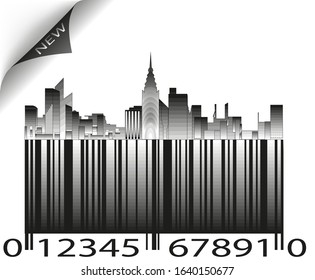 bar code design in the form of a night city from afar reflected in the water