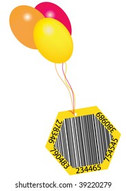 bar code flying with colorful balloons