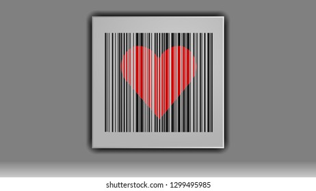 Bar code with a heart in the middle on a gray background. The code contains the phrase I love you . When publishing, consider this.