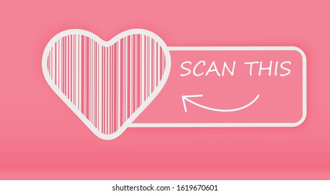 Bar code with a heart in the middle on a pink background. The code contains the phrase I love you . When publishing, consider this.