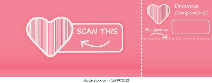 Bar code with a heart in the middle on a pink background. The code contains the phrase I love you . When publishing, consider this.
