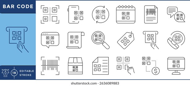 Código de barras ícones definir - 18 ícones de linha - Vetor editável traço - QR código, digitalização, pagar, pesquisa.