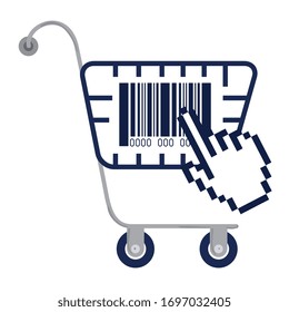 bar code inside shopping cart and cursor hand design of technology scan information business price communication barcode digital and data theme Vector illustration