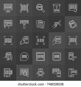 Bar code linear icons. Vector collection of barcode and scanner outline signs on dark background