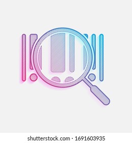 Bar code and magnifying glass. Simple icon. Colored logo with diagonal lines and blue-red gradient. Neon graphic, light effect