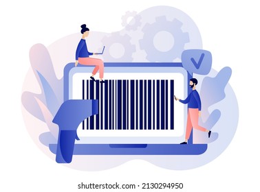 Bar code on laptop screan. Handheld barcode scanner. Tiny people scan bar-code. Modern flat cartoon style. Vector illustration on white background	