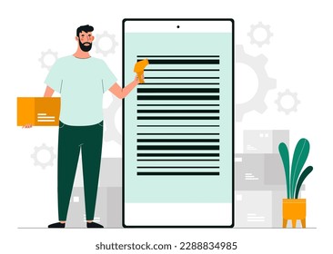 Bar code at phone. Modern technologies and digital world. Online shopping and electronic commerce. Man in warehouse with box in hands, shortened link and qr code. Cartoon flat vector illustration