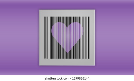 Bar code with a purple heart in the middle on a purple background. The code contains the phrase I love you . When publishing, consider this.