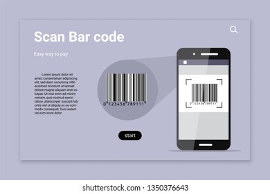 Bar code scan color vector landing page template. Online payment web banner with text space. Paying with smartphone. Billing system information illustration. Making purchase on Internet