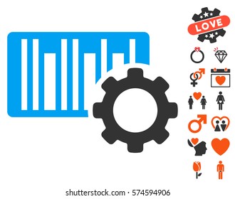 Bar Code Settings icon with bonus valentine graphic icons. Vector illustration style is flat iconic symbols for web design, app user interfaces.