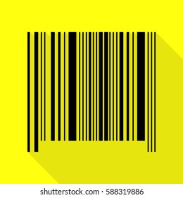 Bar code sign. Black icon with flat style shadow path on yellow background.