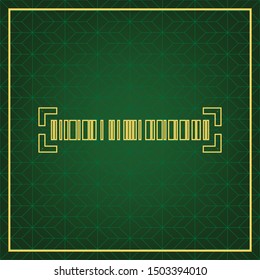 Bar code sign. Golden icon with gold contour at dark green gridded white background. Illustration.