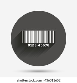 Bar code sign icon. Scan code symbol. Circle flat button with shadow. Vector