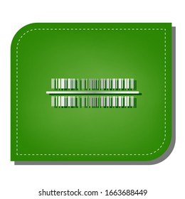 Bar code sign. Silver gradient line icon with dark green shadow at ecological patched green leaf. Illustration.