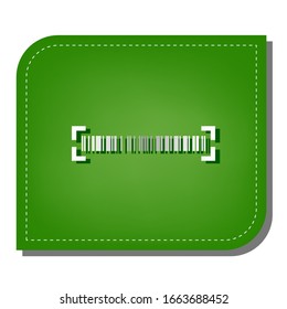 Bar code sign. Silver gradient line icon with dark green shadow at ecological patched green leaf. Illustration.