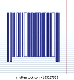 Bar code sign. Vector. Navy line icon on notebook paper as background with red line for field.