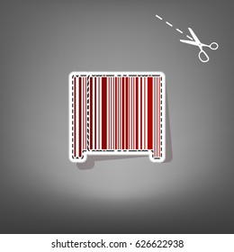 Bar code sign. Vector. Red icon with for applique from paper with shadow on gray background with scissors.