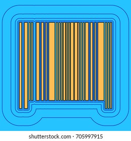 Bar code sign. Vector. Sand color icon with black contour and equidistant blue contours like field at sky blue background. Like waves on map - island in ocean or sea.