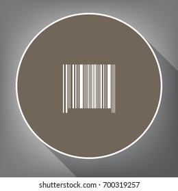 Bar code sign. Vector. White icon on brown circle with white contour and long shadow at gray background. Like top view on postament.