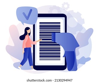 Bar code in smartphone app. Handheld barcode scanner. Tiny people scan bar-code. Modern flat cartoon style. Vector illustration on white background	