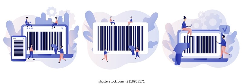 Bar code in smartphone and laptop app. Handheld barcode scanner. Tiny people scan bar-code. Modern flat cartoon style. Vector illustration on white background