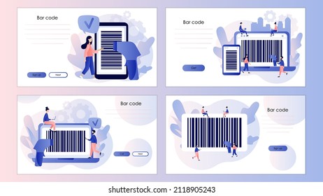 Bar Code In Smartphone And Laptop App. Handheld Barcode Scanner. Tiny People Scan Bar-code. Screen Template For Landing Page, Template, Ui, Web, Mobile App, Poster, Banner, Flyer. Vector Illustration