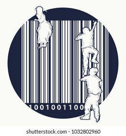 Bar code tattoo. Children climb over fence. Creative t-shirt design. Symbol of freedom and slavery, consumer society, globalization, future of mankind, digital world, big brother 