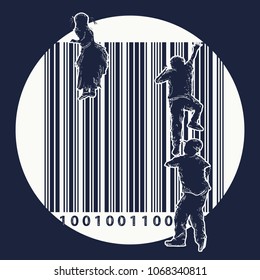 Bar code tattoo. Children climb over fence. Symbol of freedom and slavery, consumer society, globalization, future of mankind, digital world, big brother. Creative t-shirt design 