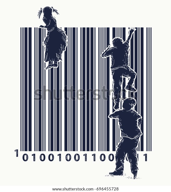 バーコードのタトゥー 子どもたちは柵を乗り越える 自由と奴隷の象徴 消費者社会 グローバリゼーション 人類の未来 デジタル世界 兄弟 クリエイティブなtシャツデザイン のベクター画像素材 ロイヤリティフリー