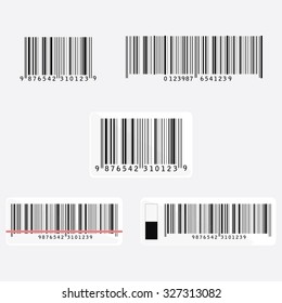 Bar code vector icon set or collection. Barcode icon. Bar code tag, sticker. Bar code scanning with laser beam, light