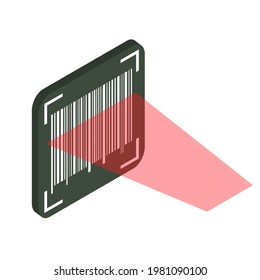 Bar code verification concept. Machine-readable barcode. The process of scanning  with a laser. Vector isometric illustration isolated on white background