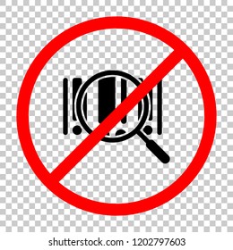 Bar code and zoom icon. Not allowed, black object in red warning sign with transparent background