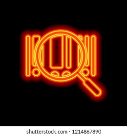 Bar code and zoom icon. Orange neon style on black background. Light icon