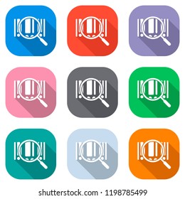 Bar code and zoom icon. Set of white icons on colored squares for applications. Seamless and pattern for poster