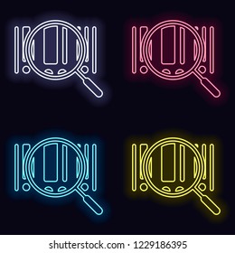 Bar code and zoom icon. Set of neon sign. Casino style on dark background. 
