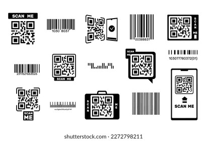 Bar codes and QR codes. Easy identification packaging labeling stickers, smartphone frame with scannable information, scan data and verification. Vector set of scan bar code by phone illustration