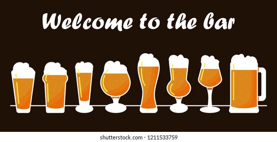 Bar collection of the  beer mugs and glasses in flat style isolated on dark background. Vector illustration.