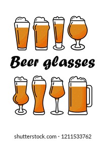 Bar collection of the  beer mugs and glasses in flat style isolated on white background. Vector illustration.