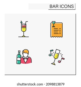 Bar color icons set.Cocktail glass, barmen, home party, bill.Cocktail party and drinking establishment concept. Isolated vector illustrations
