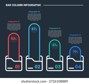 Diagrama de proceso de infografía de columna de barra con caja de carpetas con barra redonda de Vertical con fondo oscuro Estilo de contorno brillante Vector de 4 puntos