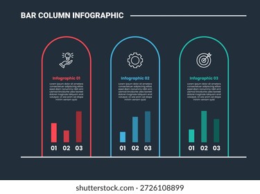 Diagrama de proceso de infografía de columna de barra con caja redonda de Vertical con barra Pequeña en el interior con fondo oscuro Estilo de contorno brillante Vector de 3 puntos