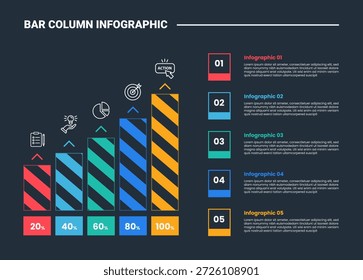 Diagrama de proceso de infografía de columna de barra con barra de pie Aumentar con estilo de sombreado con fondo oscuro Estilo de contorno brillante Vector de 5 puntos