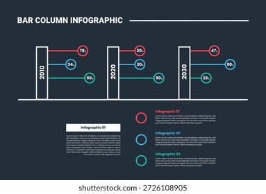 diagrama de processo infográfico de coluna de barra com caixa de coluna horizontal com ponteiro de linha de círculo com fundo escuro brilhante estilo 3 pontos vetor